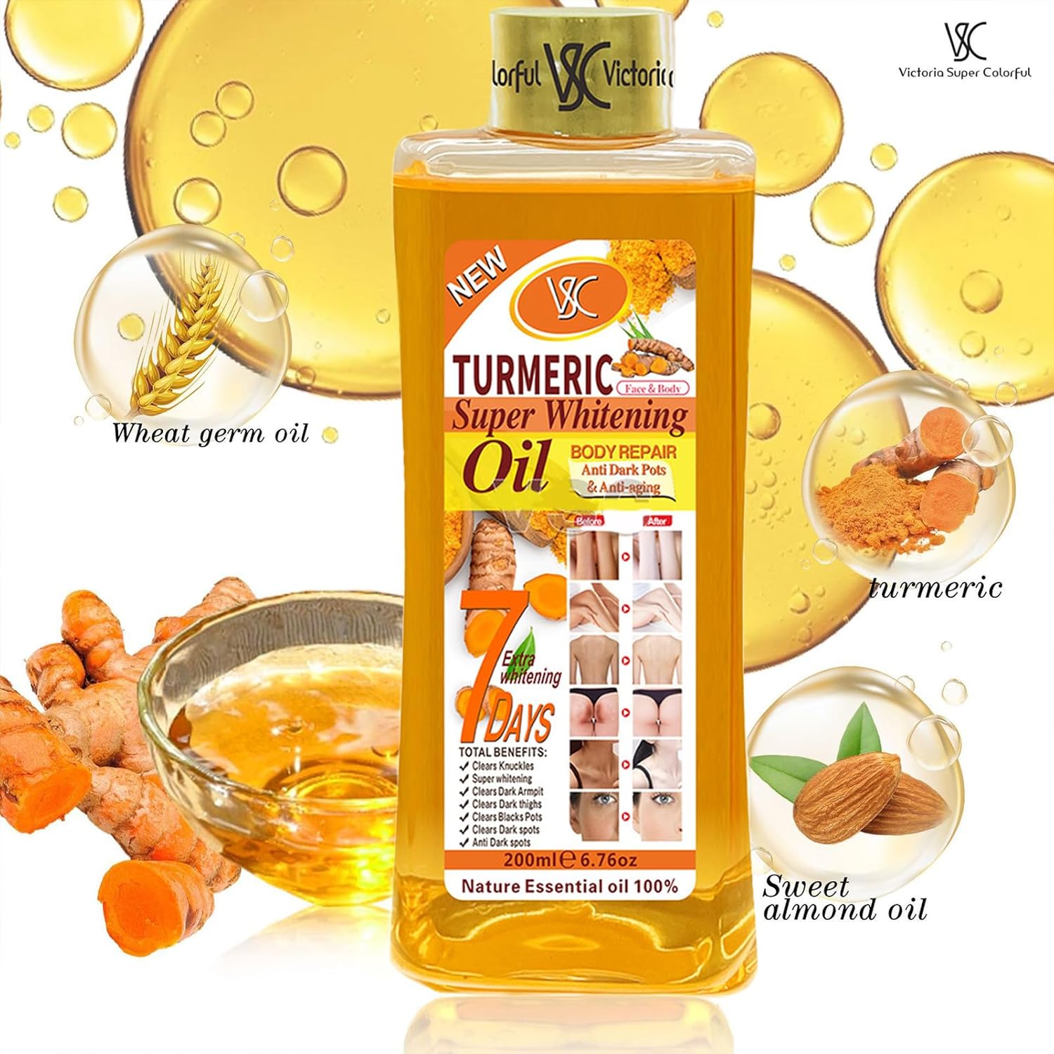 Huile Éclaircissante - Veetgold - Turmeric 200ml - Hydratant Naturel - Anti-Imperfections - Non Gras