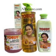 Gamme Toudy Lait et creme visage et gommage et gel douche anti taches lot de 4